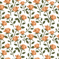Seamless Peach Rose Floral Pattern – Elegant Vintage Botanical Design with Green Leaves on White Background, Romantic Nature-Inspired Repeating Textile and Wallpaper Print