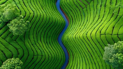 Aerial View of Symmetrical Tea Plantations Featuring Wavy Patterns and a Winding River in Lush Green Landscape