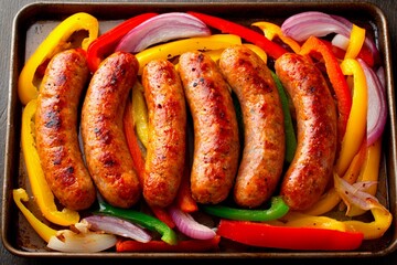 Juicy sausages are perfectly grilled and placed alongside vibrant bell peppers on a baking tray, ready for a delicious meal. The dish offers a mix of colors and flavors