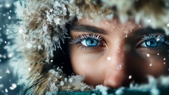 Close-up of woman s icy blue eyes framed by snowy hood, gentle snowflakes fall in slow motion, she slowly blinks, frozen lashes and soft frost create serene winter atmosphere, cold beauty concept