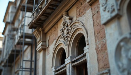 Obraz premium Historical building facade restoration. Architectural details, arched windows. Ornate carvings, stone brickwork. Heritage site, old architecture, building renovation construction project.