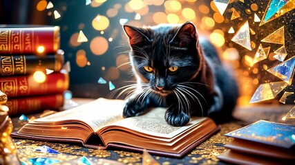 A magical black cat tells fortunes on a Magic Book from the wizard's room, cyclic video