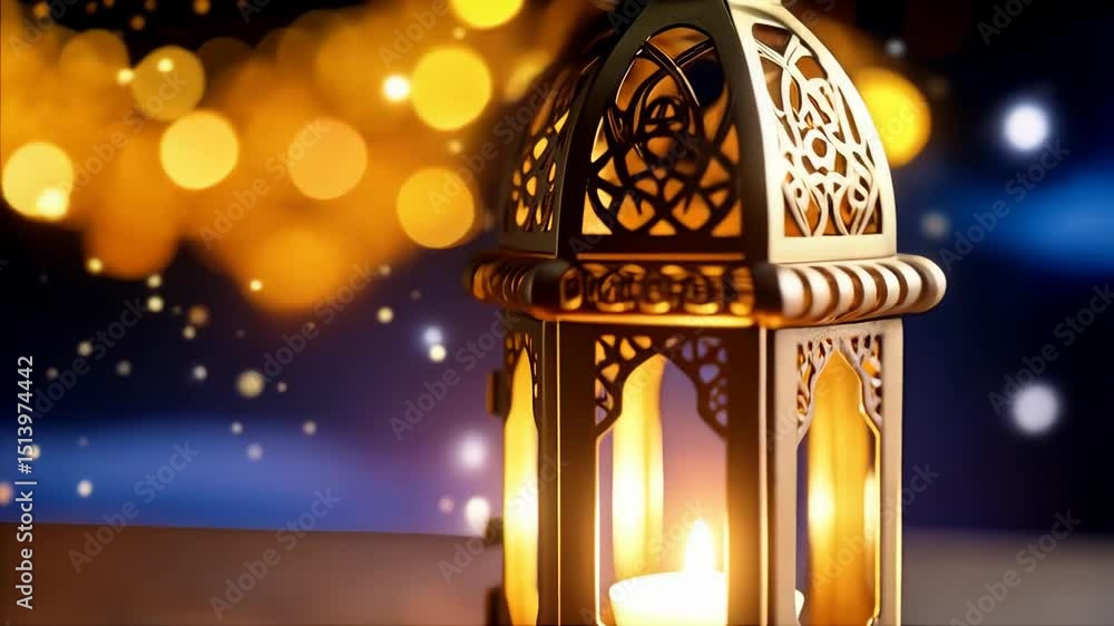 Poster ornate lantern with candle flame casting a soft glow against a backdrop of bokeh lights, creating an