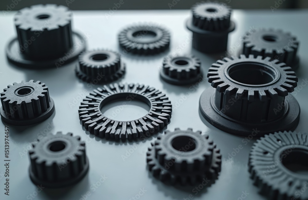 Fototapete Close-up of various 3d printed mechanical components. Objects on laboratory table with abstract futuristic design. New tech for engineering industry. 3d printing, prototyping for future tech.