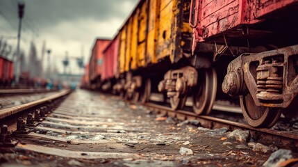 Obraz premium Side close-up of train wheels with iron detailing