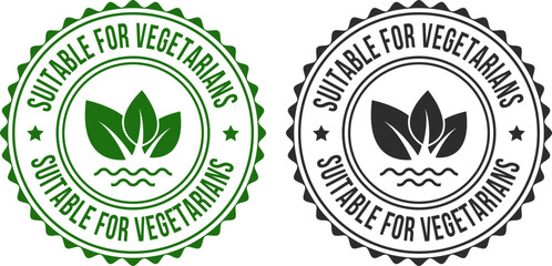 Obraz premium Two green and black labels for Vegetarian product approval symbols with eco leaves – sustainable and ethical food packaging icons