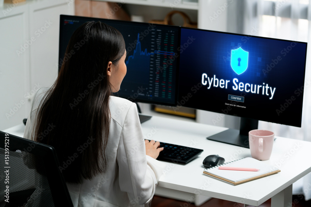 Poster cyber security system on computer screen protect private information brisk from hacker and cyber att