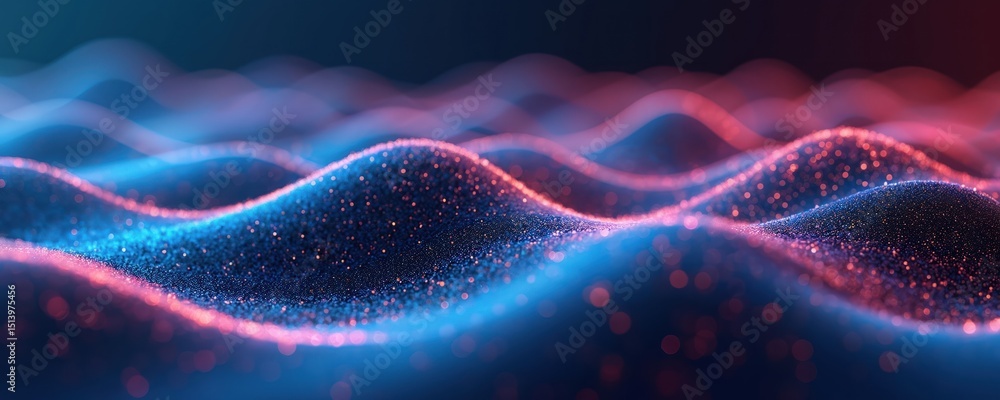Poster abstract waves of light, blue and red colors. dynamic digital design features flowing particles. mod