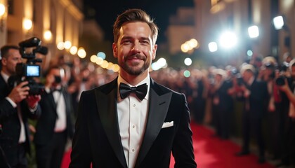 Male celebrity poses red carpet event. Stylish man in tuxedo at premiere award ceremony. Media, photographers capture exclusive moment. Spotlight, flash. Fashion, glamour. Hollywood star. Smiling,