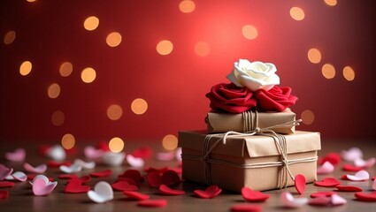 Duas caixas de presente embrulhadas em papel kraft natural, amarradas com cordões finos de ráfia e barbante vermelho e branco, alguns com pequenos laços rústicos.
