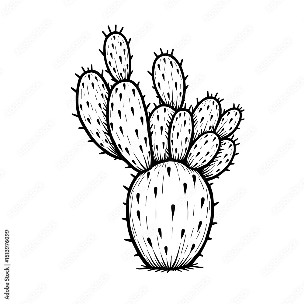 Poster a detailed pen sketch of a prickly pear cactus, showcasing the intricate patterns and textures. the 
