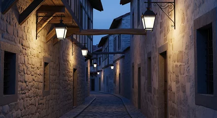 A cobblestone alley glows softly at night, illuminated by vintage lanterns. Quaint stone buildings line the path, creating a picturesque and inviting atmosphere in a historic setting.