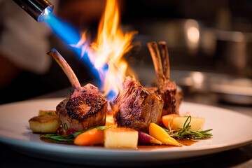 A chef uses a flame torch to caramelize lamb chops garnished with colorful vegetables. The setting is an upscale kitchen during dinner service, showcasing culinary artistry