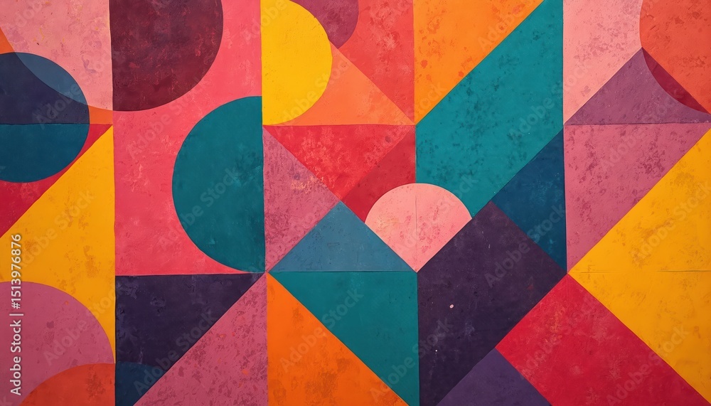 Fototapete Geometric abstract background featuring colorful repeating pattern of squares circles triangles. Modern art composition perfect for design projects posters. Bright vibrant, bold colors evoke retro