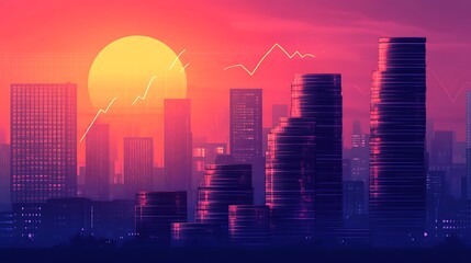 Vibrant City Skyline at Sunset with Stacks of Coins