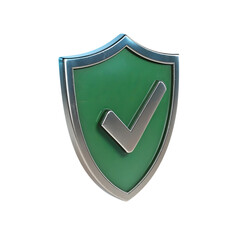 Security shield with check mark, 3D rendering of a metallic shield with a green checkmark, symbolizing security, safety, and protection