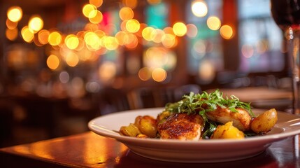 Gourmet dish on a tray, elegant presentation. Fine dining experience with warm ambiance.