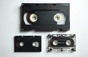 Vintage media storage VHS, audio cassette tape, VHS-C, obsolete tech from 90s. Analog media storage equipment for music, movies. Retro, obsolete data storage objects with white background. Concept of