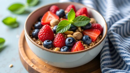 A bowl of granola or muesli with fresh berries, nuts, and mint leaves on a wooden board with a blue and white chevron patterned cloth

