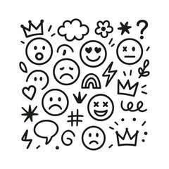 Hand Drawn Doodle Set of Emoticons and Other Elements. doodle, drawing, emoticon, emoji, face, expression, sketch, icon. Editable stroke