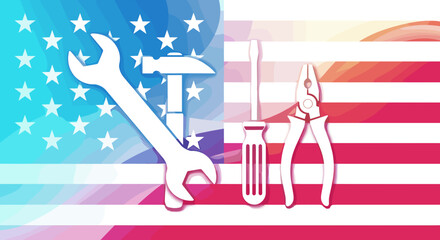 Tools and equipment icons overlaid on American flag background  