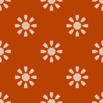 Vector geometric floral seamless pattern. Cute background with flowers, sun shapes. Retro vintage 1960s - 1970s style texture in red and beige color. Old fashioned repeated design for textile, decor
