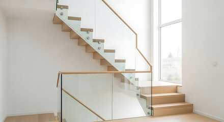 A stylish staircase with wooden steps and glass railing creates a bright and open atmosphere in a contemporary home. Sunlight flows through large windows, highlighting the clean lines.