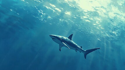 Obraz premium A majestic shark gracefully swims in sunlit ocean depths.