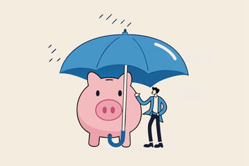Insurance and finance saving protection in economy crisis, safety investment or all weather portfolio concept, confidence businessman investor with his piggy bank safety money covered by big umbrella.
