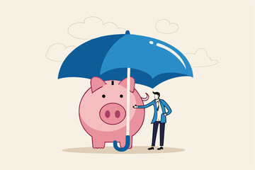 Insurance and finance saving protection in economy crisis, safety investment or all weather portfolio concept, confidence businessman investor with his piggy bank safety money covered by big umbrella.