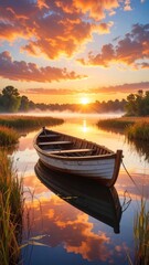 Obraz premium Serene landscape painting: an old wooden rowboat moored amongst tall reeds on calm water at a vibrant sunset