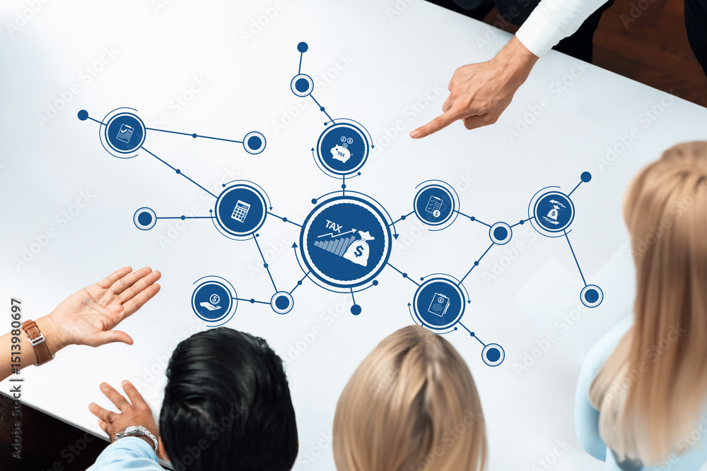 Aufkleber a group of business professionals collaboratively discuss tax strategies while analyzing data visual