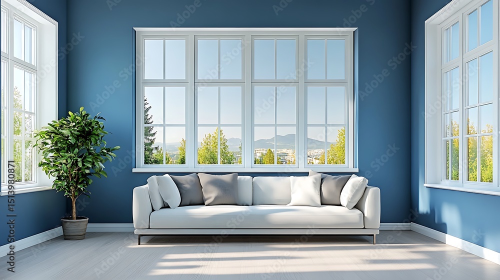 Poster blue empty room with window and parquet floor. 3d rendering