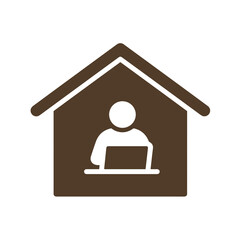 Home icon with person working on laptop inside house  