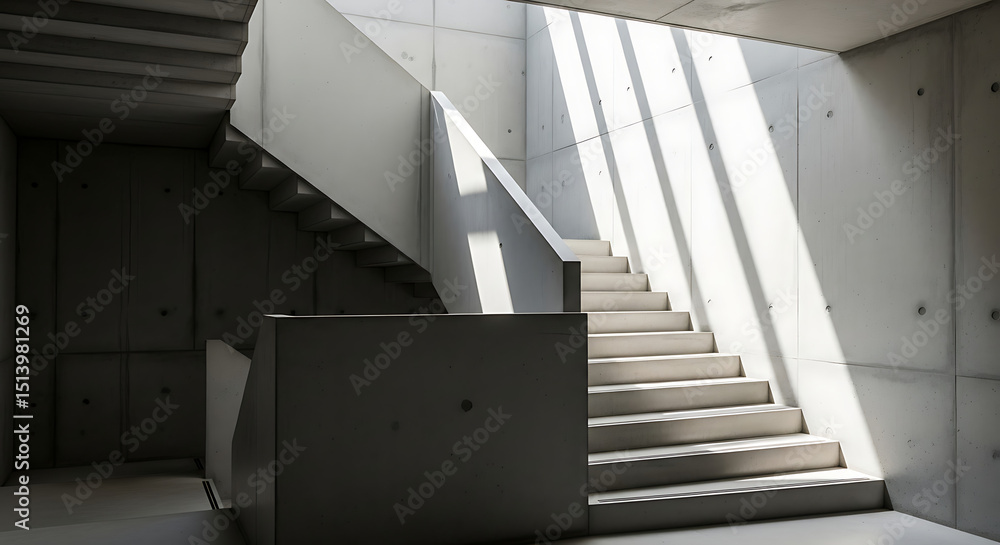 Poster concrete staircase in a minimalist setting showcases clean lines and geometric shapes. sunlight stre