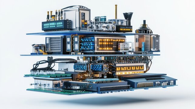 Computer components layered in a 3D model