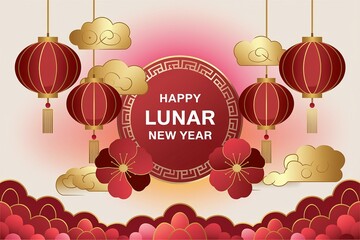 Naklejka premium Happy Lunar New Year Illustration with Lanterns, Flowers, and Golden Clouds Design