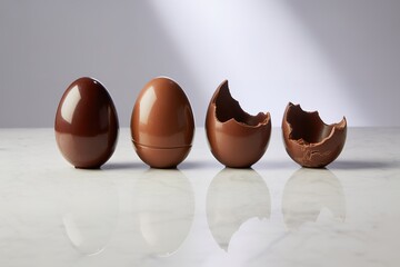 Line of Whole and Partially Eaten Milk Chocolate Easter Eggs on Marble Surface
