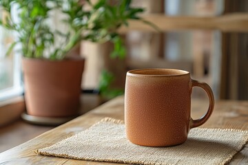 Terracotta mug on a burlap placemat.