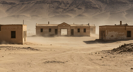 desert housing complex without inhabitants. the land becomes dry, cracked and barren due to global warming.