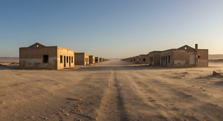 desert housing complex without inhabitants. the land becomes dry, cracked and barren due to global warming.