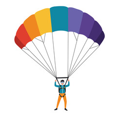 Parachuting flat vector illustration. Skydiving, paragliding experience. Extreme sports. Active lifestyle. Outdoor activities.