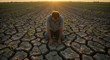 a man fell on the ground of a farmland due to crop failure. the land is cracked and barren. due to Global Warming