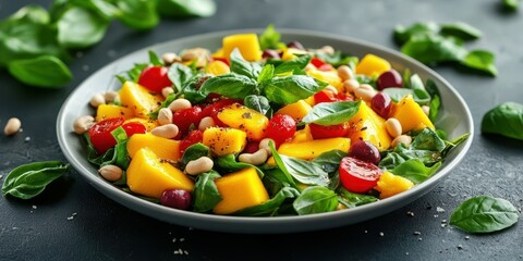 Fresh spinach salad with mango, cherry tomatoes, and nuts prepared on a black table