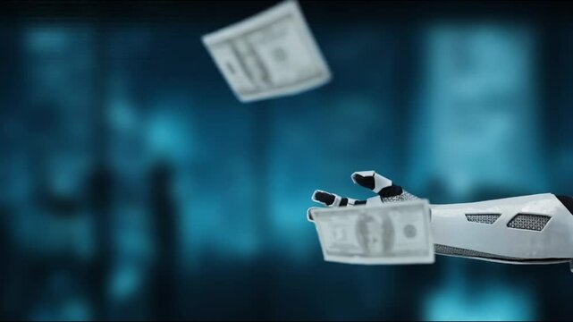 A robotic arm is shown reaching out as dollar bills cascade down in a captivating digital setting, representing the convergence of technology and finance in innovation. MZL