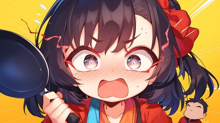 Chibi girl holding frying pan angrily, colorful anime style
