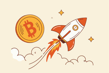 Bitcoin price skyrocket hit record high, cryptocurrency investor got rich with growth high value trading concept, speedy rocket ship holding bitcoin physical coin flying high through space cloud.