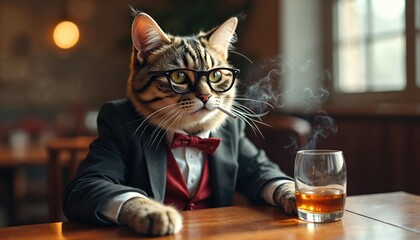 Humorous portrait of cat in suit, smoking cigarette, drinking whiskey. Felino wears glasses, bow tie. Gentleman cat enjoys adult vices. Funny animal portrait, parody theme, humor, vintage retro style.