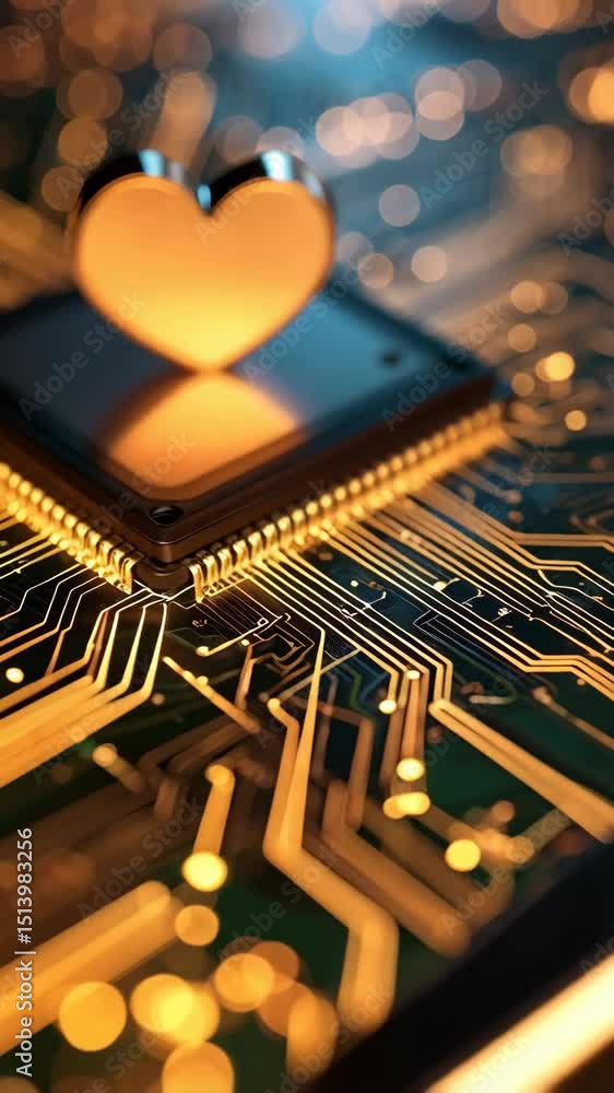 Poster Golden heart symbol resting atop a computer chip with intricate circuitry patterns and soft, bokeh background lights.