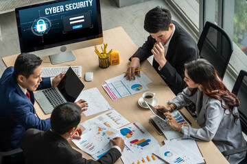 Cyber security system on computer screen protect private information snugly from hacker and cyber...